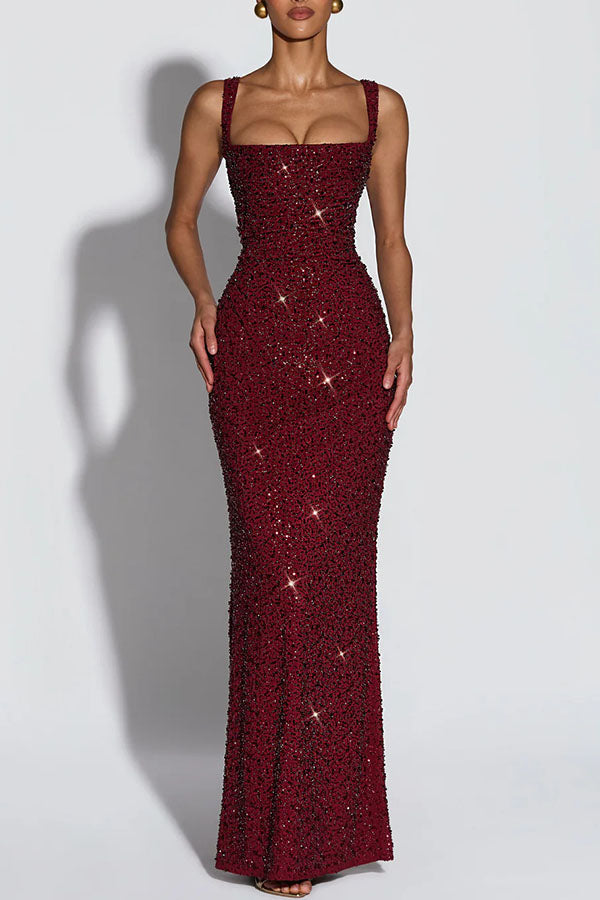 Vestido largo Calanthe de gasa con lentejuelas, fruncido, escote cuadrado y espalda con cordones 