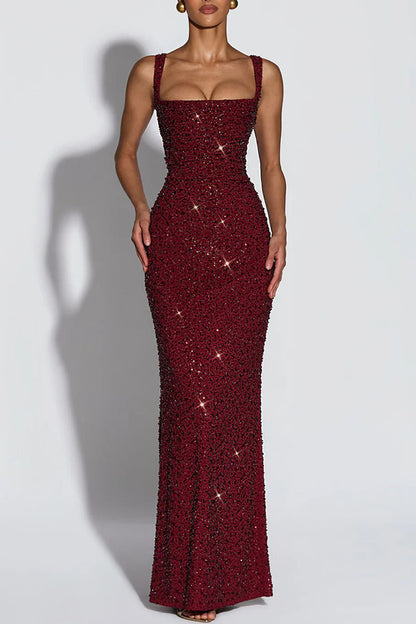 Vestido largo Calanthe de gasa con lentejuelas, fruncido, escote cuadrado y espalda con cordones 