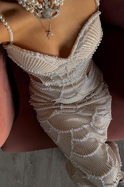 Own It Pearl Sequin Embellished Sexy Backless Cutout Strap Maxi Dress