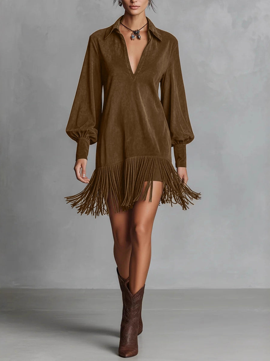 Daily Brown V Neck Lantern Sleeve Long Sleeve Strappy Western Contrast Chamois Mini Dresses