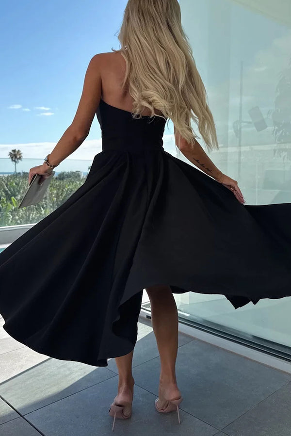 Sweet Cascade Solid Color Off Shoulder Pocket Full Hem Midi Dress