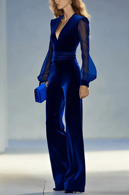 Solid Color Velvet V-neck Long-sleeved Elegant Fitted Jumpsuit