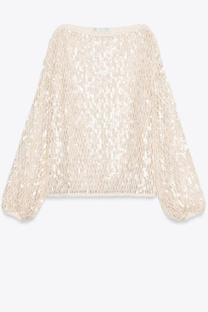 Maja Knit Sequin Hollow Out Wide Neck Balloon Sleeve Loose Cover-up Top