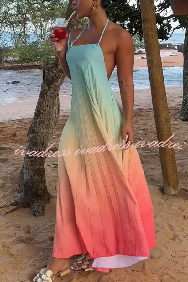 Vestido largo de corte A con espalda descubierta, plisado, estampado degradado y diosa del mar 