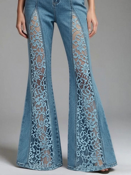 sheenchic Daily Lace Blue See Through Boho Contrast Denim Jeans [Pre-Order]
