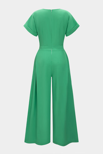 V-Neck Short Sleeve Zipper Jumpsuit