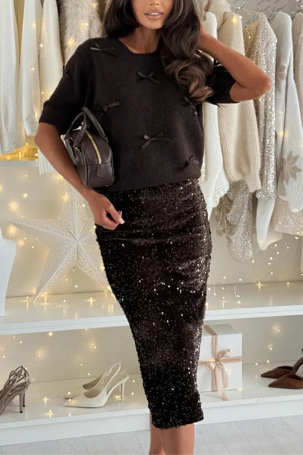 Light The Night Velvet Sequin High Rise Elastic Waist Pencil Slit Midi Skirt
