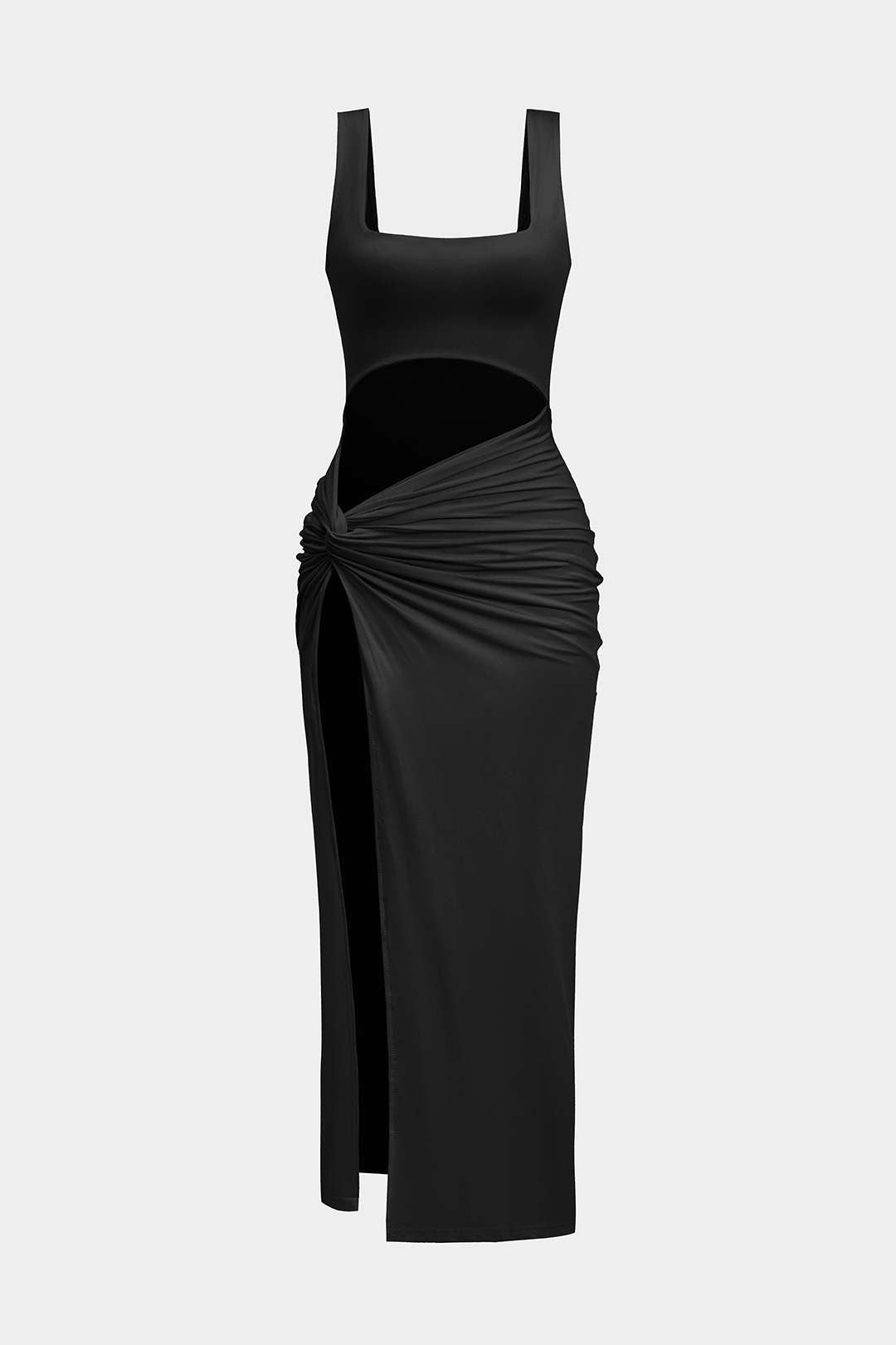 Solid Twist Front Cut Out Slit Midi Dress