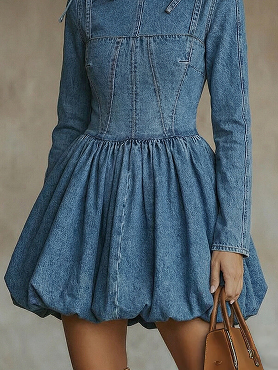 sheenchic Daily Blue High Collar Long Sleeve Lace Up Boho Contrast Denim Mini Dresses [Pre-Order]