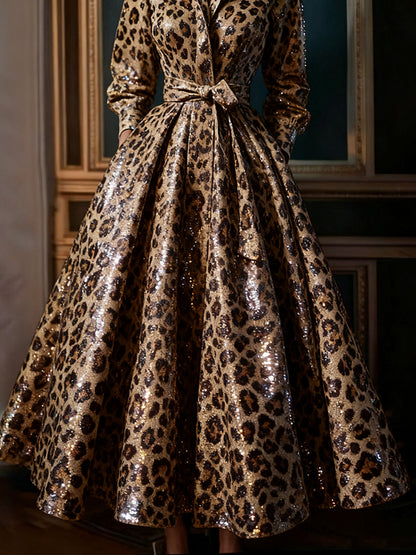 sheenchic Party Metallic Brown Leopard Stand-Up Collar Long Sleeve Pocket Casual Lace Up Sequin Maxi Dresses
