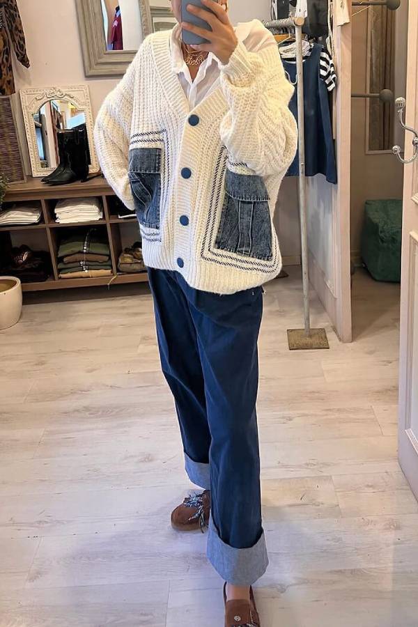 Unique Denim Patchwork Pockets Cardigan