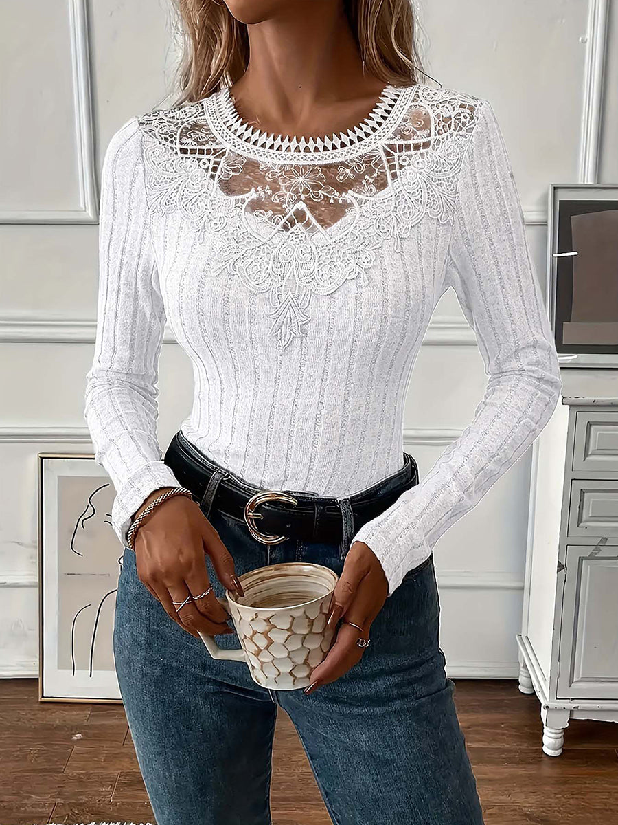 Valentines Grey Round Neck Long Sleeve Cut Out Casual Contrast Lace Blouses