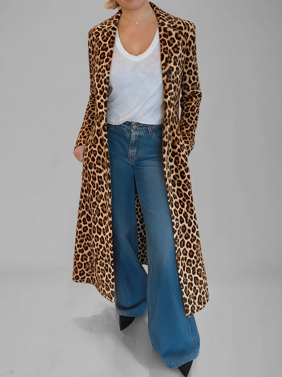 Daily Brown Leopard Turndown Collar Long Sleeve Pocket Casual Coat
