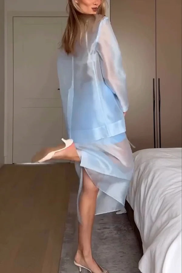 Simple and Light See-through Fabric Tie-up Long Sleeve Pocket Lapel Blazer