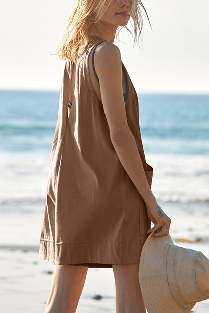 Solid Color Casual Round Neck Sleeveless Pocket Loose Rompers
