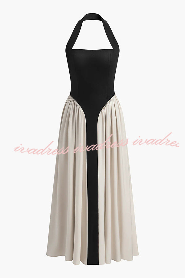 Fashion Contrast Color Stitching Sleeveless Backless Slim Maxi Dress