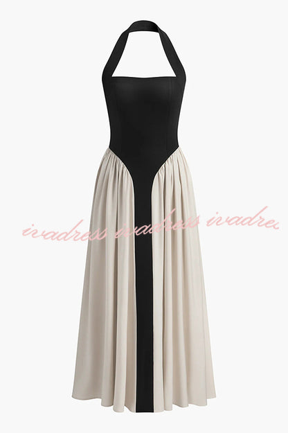 Fashion Contrast Color Stitching Sleeveless Backless Slim Maxi Dress