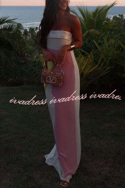 Vestido largo holgado con estampado de lirios de cala Dalva, plisado, de tela metalizada y patchwork. 