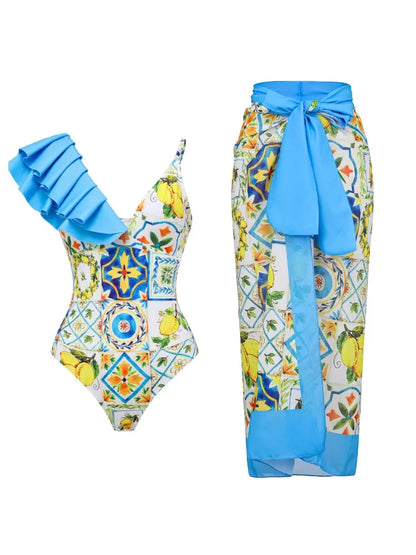 Lemon Print Backless One Piece Swimsuit Set