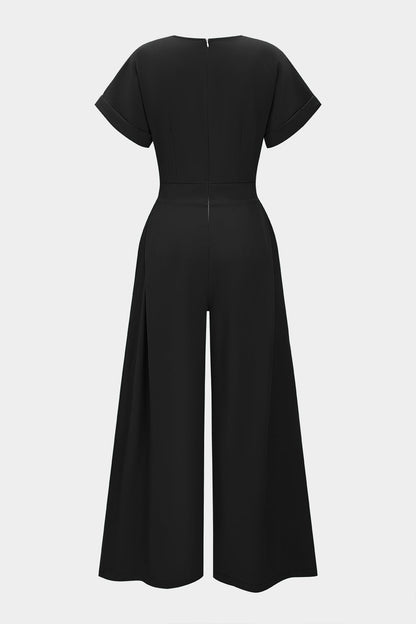 V-Neck Short Sleeve Zipper Jumpsuit