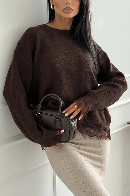 Suéter holgado de manga larga con abertura en la espalda y ribete de encaje de punto de Caitlin 