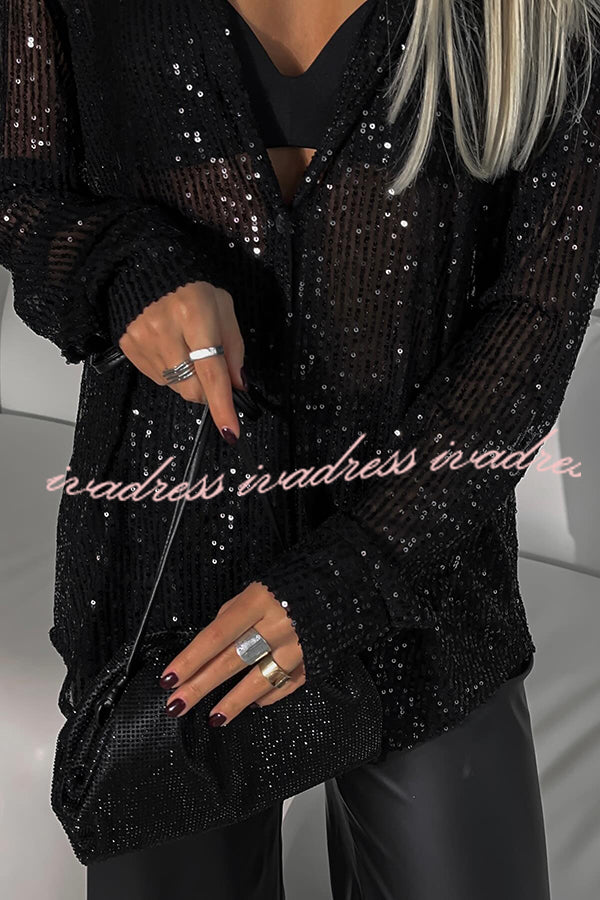 Fashion Sequin Lapel Long Sleeve Loose Shirt