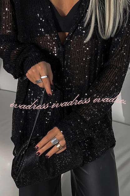 Fashion Sequin Lapel Long Sleeve Loose Shirt