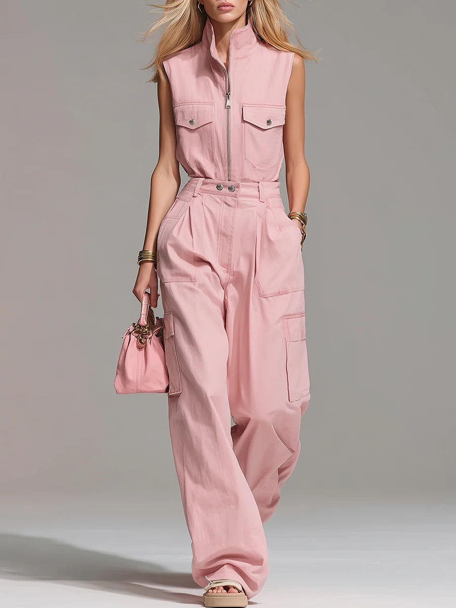 sheenchic Business Casual Pink Shirt Collar Cargo Casual Zipper Two Piece Pant Sets [Pre-Order]