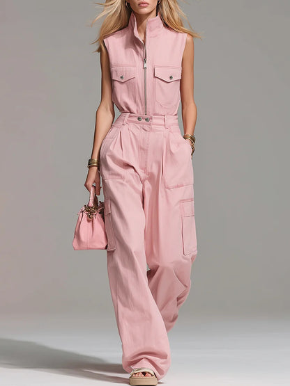 sheenchic Business Casual Pink Shirt Collar Cargo Casual Zipper Two Piece Pant Sets [Pre-Order]