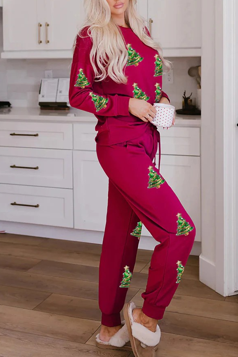 Casual Party Santa Claus Christmas Tree Candy Sequins Lace Up O Neck Long Sleeve Two Pieces