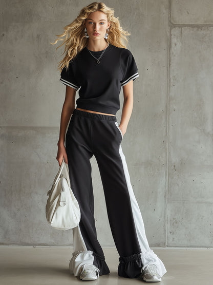 Retro Sporty Black And White Sleeveless Sweatshirt And Ruffled Pants Set