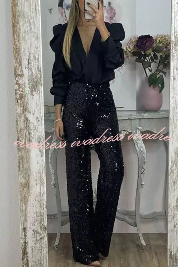 Glitzy Glamour Sequin High Rise Elastic Waist Wide Leg Pants