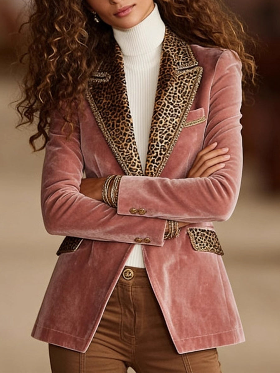Daily Pink Leopard Turndown Collar Long Sleeve Pocket Casual Contrast Blazer