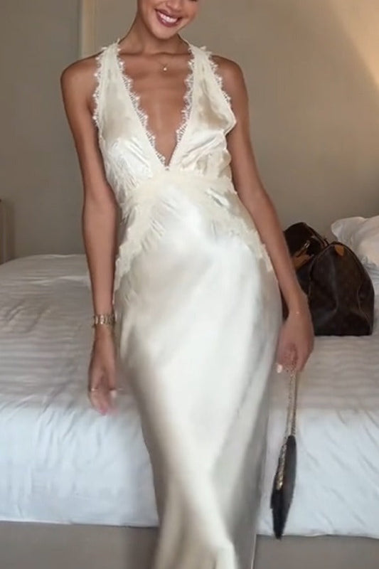 Modern Day Glam Satin Lace Trim V-neck Cross Back Maxi Dress