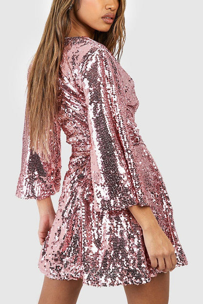 Solid Color Loose Sequined V-neck Tie Mini Dress