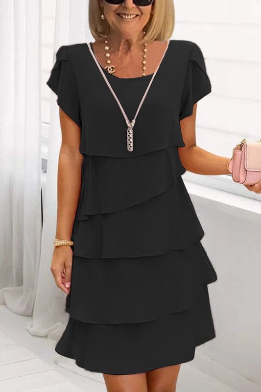 Solid Color Round Neck Short Sleeve Casual Multi-Layered Mini Dress