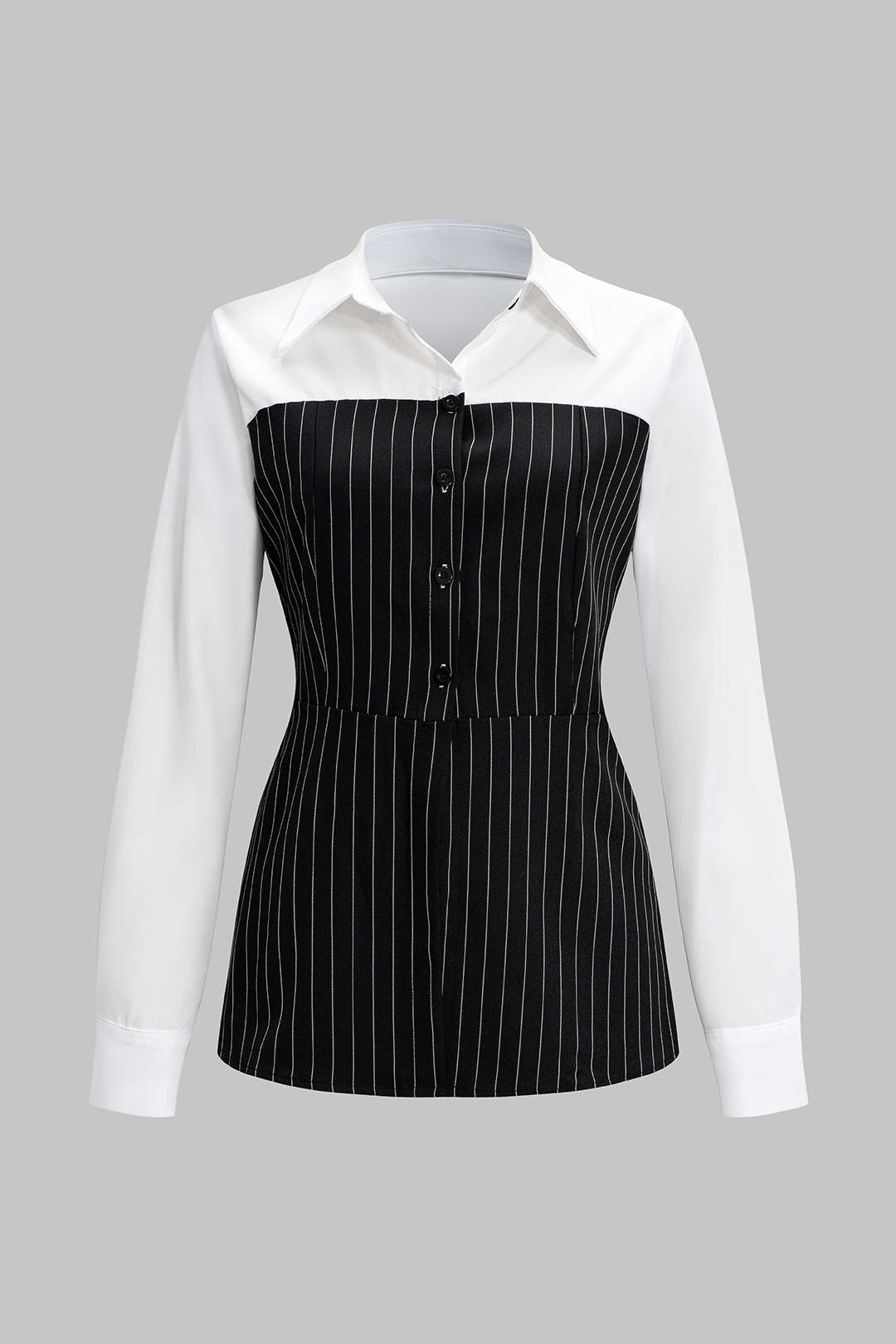 Stripes Print Button Patchwork Long-Sleeve Shirt