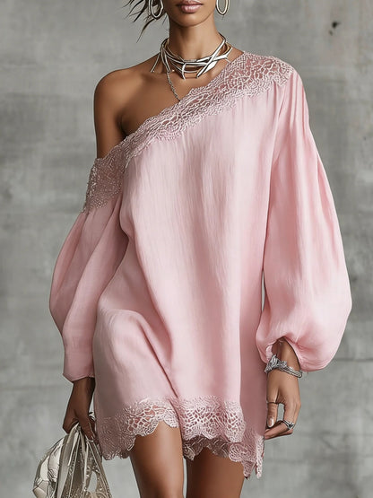 sheenchic Vacation Pink Oblique Collar Lantern Sleeve Long Sleeve Contrast Boho Mini Dresses [Pre-Order]