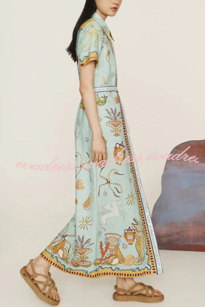 Vestido camisero largo de manga corta con lazo y estampado único de mezcla de lino Deep Sea Dreaming 