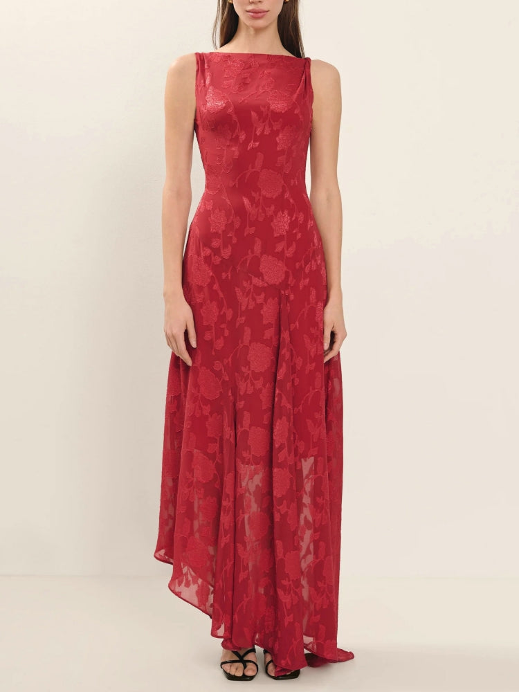 leeveless Lace Backless Jacquard High-Waist Maxi Dress