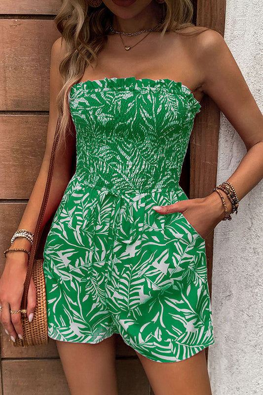 Plant Print Tube Top Lace-up Pleated Casual Rompers