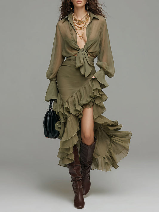 Bohemian Chiffon Blouse & Multi-layered Ruffled Fishtail Skirt Set