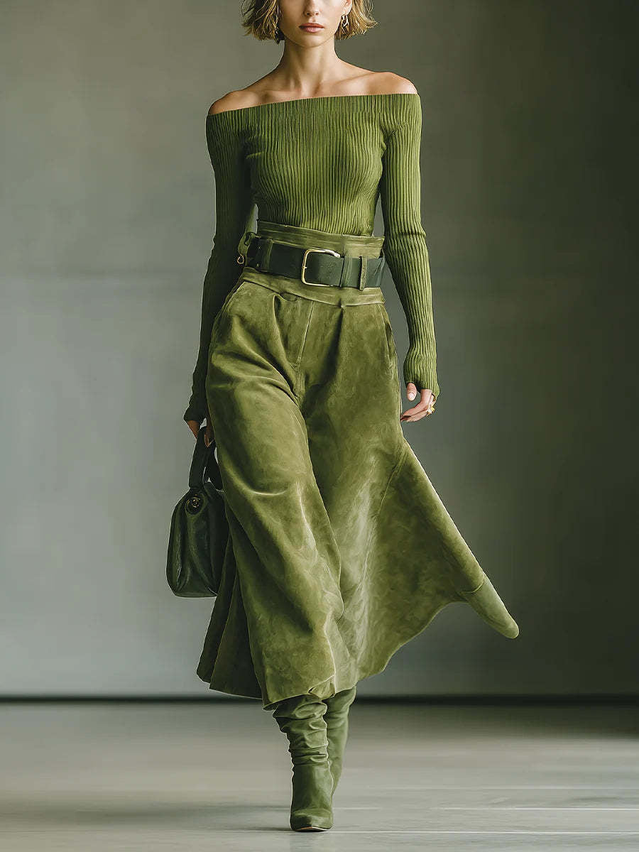 Daily Chamois Sage Green Off The Shoulder Long Sleeve Pocket Casual Knitted Two Piece Skirt Sets