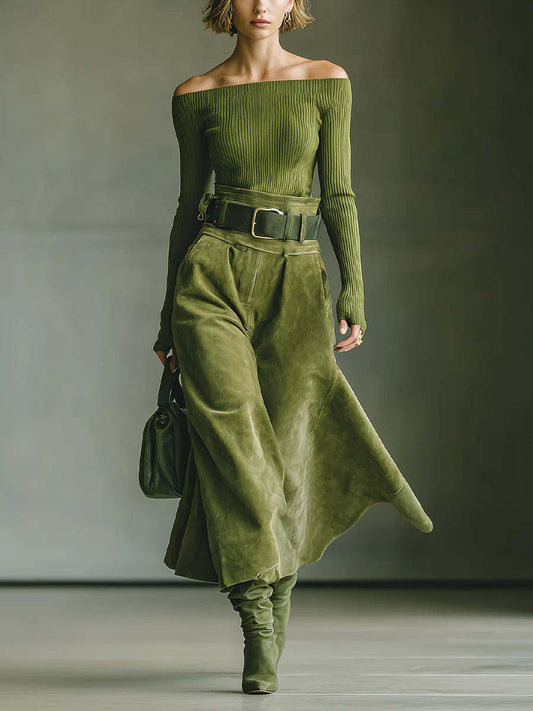 Daily Chamois Sage Green Off The Shoulder Long Sleeve Pocket Casual Knitted Two Piece Skirt Sets