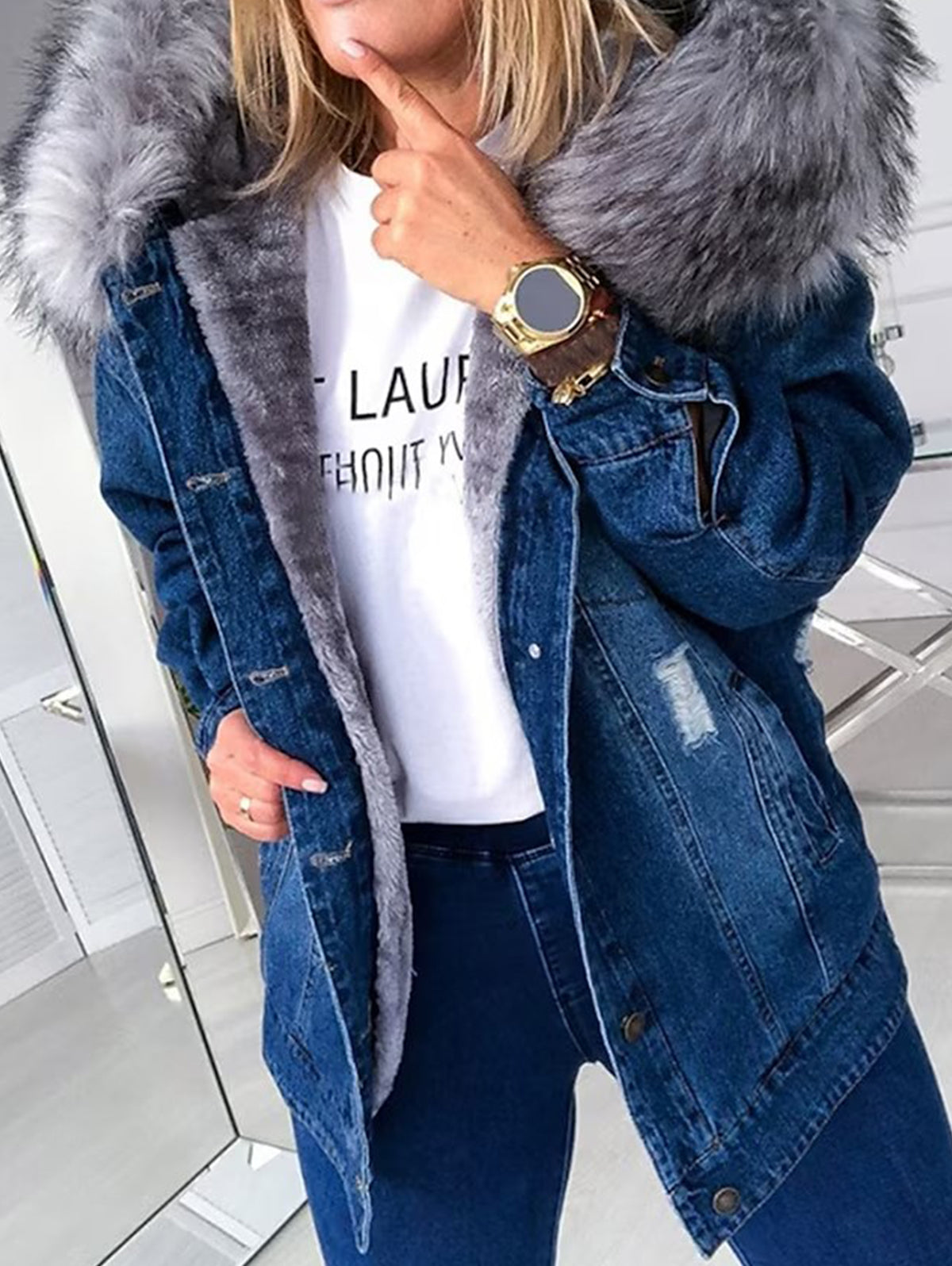 Plush Long Sleeve Single Breasted Pockets Denim Coat