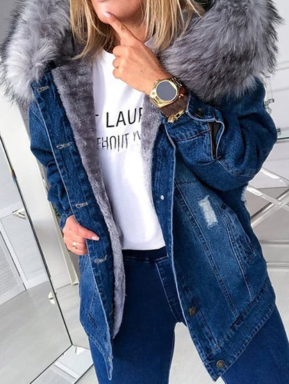 Plush Long Sleeve Single Breasted Pockets Denim Coat