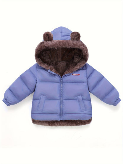 Girls' Cute Bear Ears Fleece Coat - Long Sleeve Winter Jacket with Cardigan Collar, Full-Zip Front Closure, Warm Padded Hooded Coat for Boys & Girls, Cozy Fall/winter Outerwear With Pockets (solid Color, Casual Style, Regular Fit, Hand Washable)