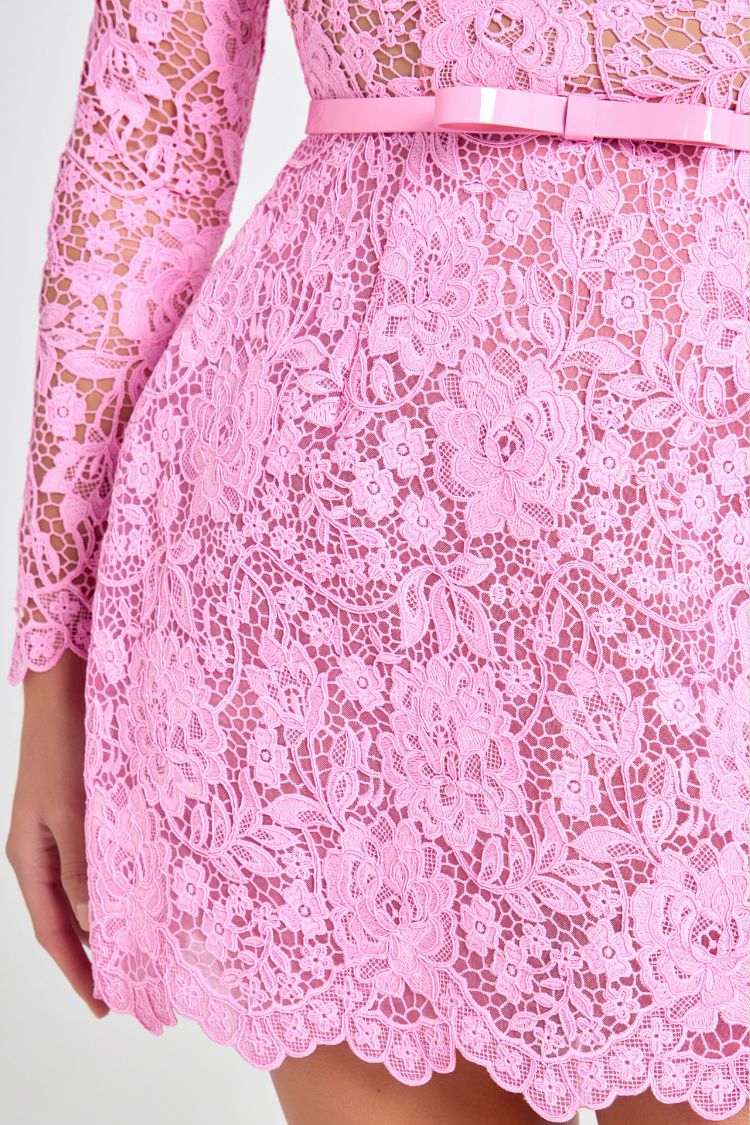 Champagne Toast Flower Lace Long Sleeve Bow Belted Mini Dress