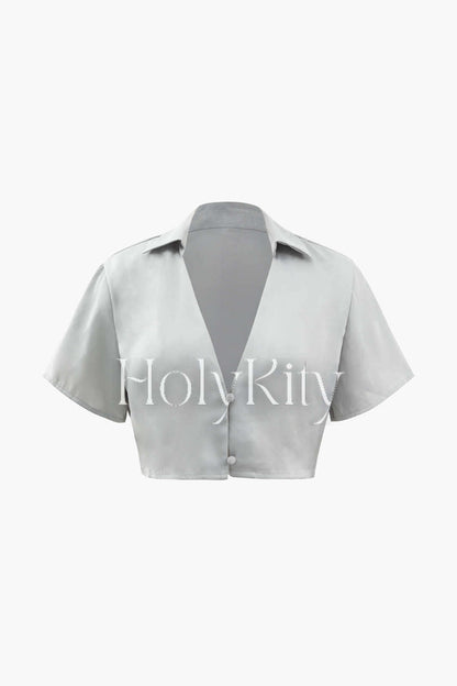 V-neck Satin Short Sleeve Blouse
