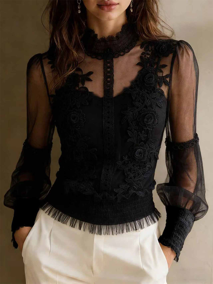 Semi Formal Tulle Pink Stand-Up Collar Long Sleeve 3D Elegant See Through Lace Blouses